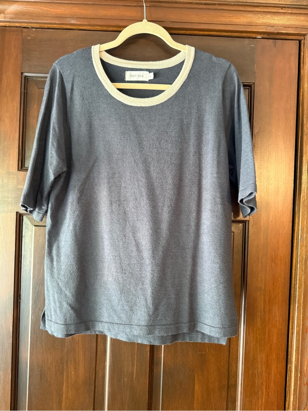 Mersea Crewneck Short-Sleeve Sweater in Navy with Contrast Cream Trim